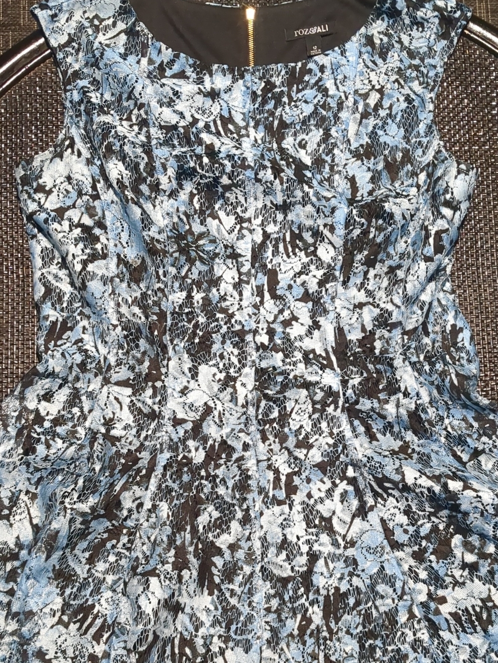 Roz & Ali Light Blue and Black Lace-Overlay Shell Top Dress